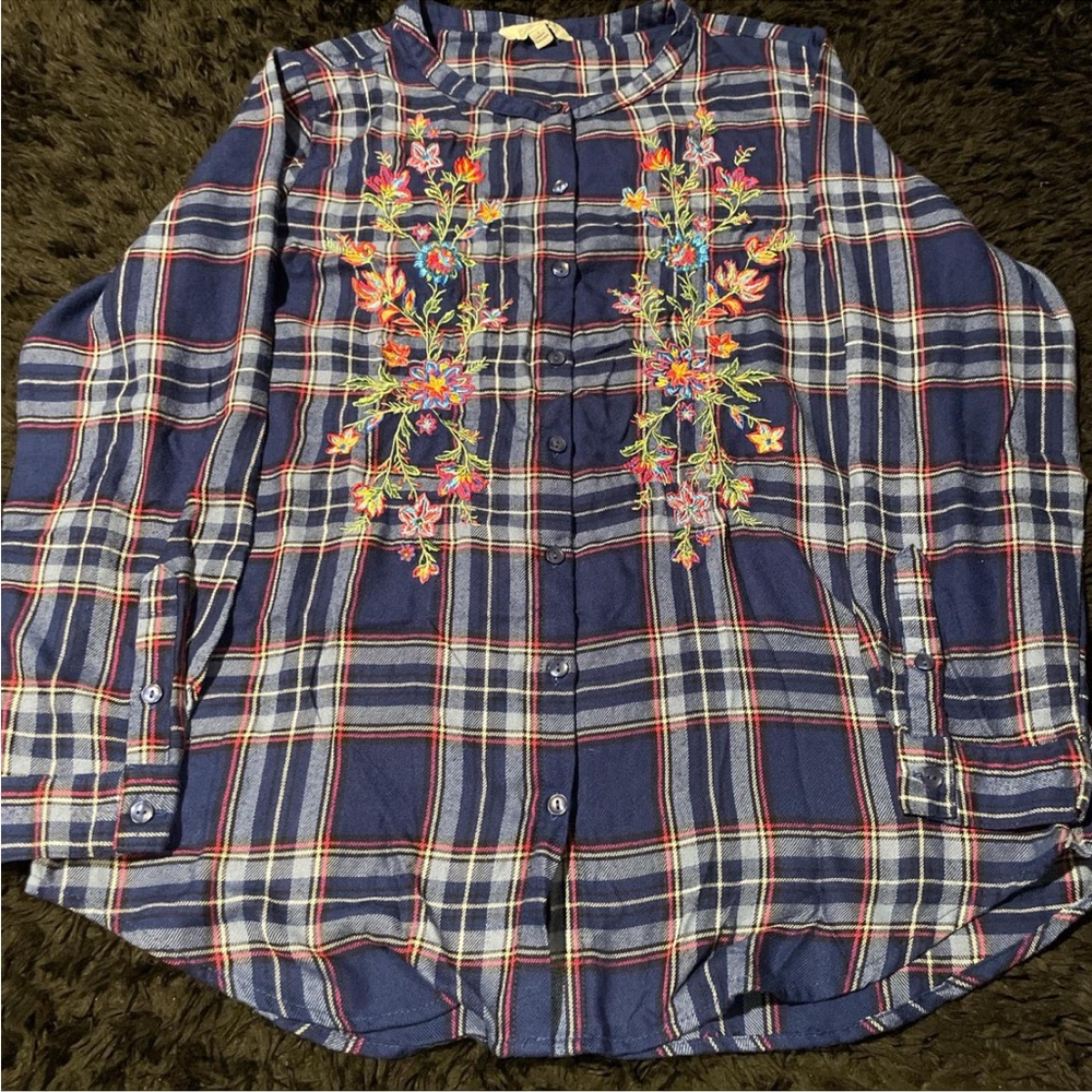 Blue and Red Boxy Embellished Mandarin Collar Shirt